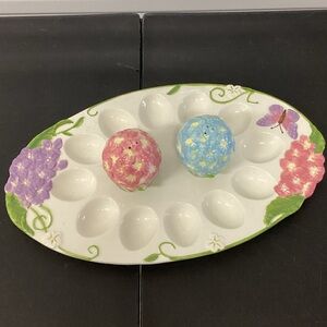 Floral Egg Tray with Salt and Pepper Shakers